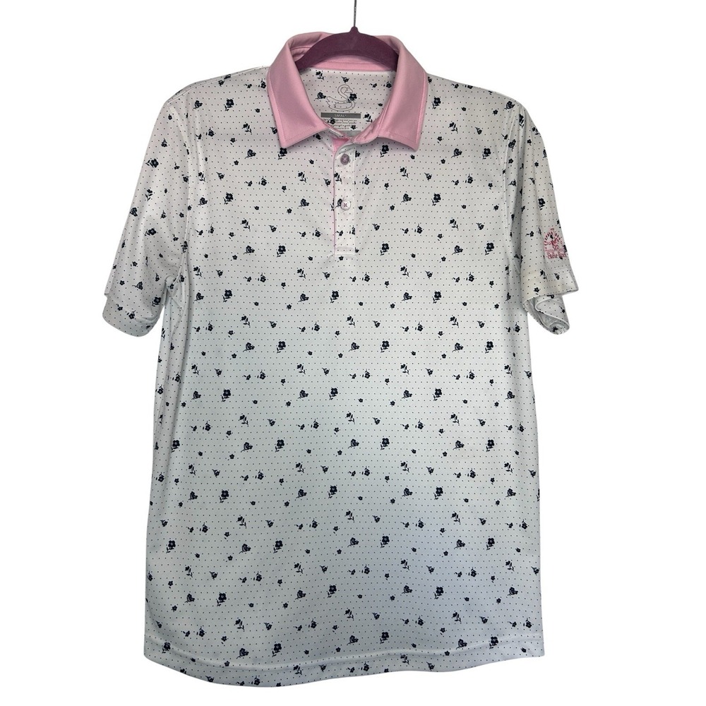 Swannies Mens Small Golf Shirt Polo Floral Pink Blue White Bulle Rock Logo
